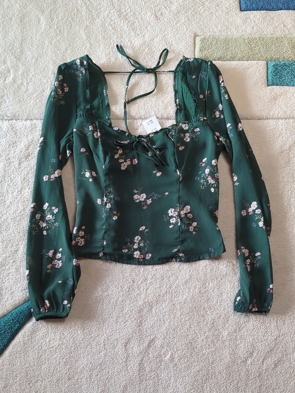 Abercrombie & Fitch Dark Green Floral Long Sleeve Tie-Front Top
